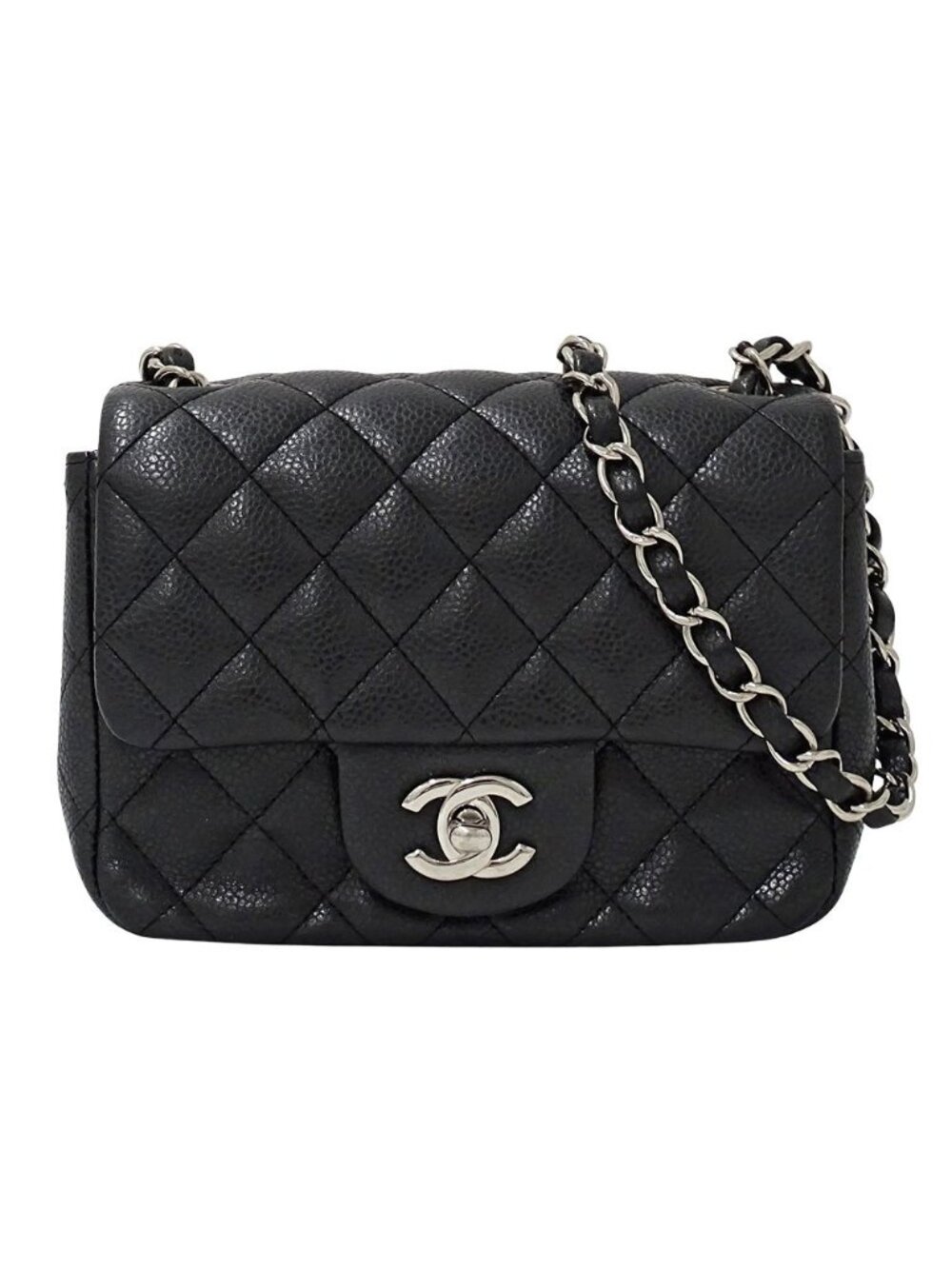 Chanel Quilted Mini Shoulder Bag Caviar Leather Black Silver Chain Bag Small